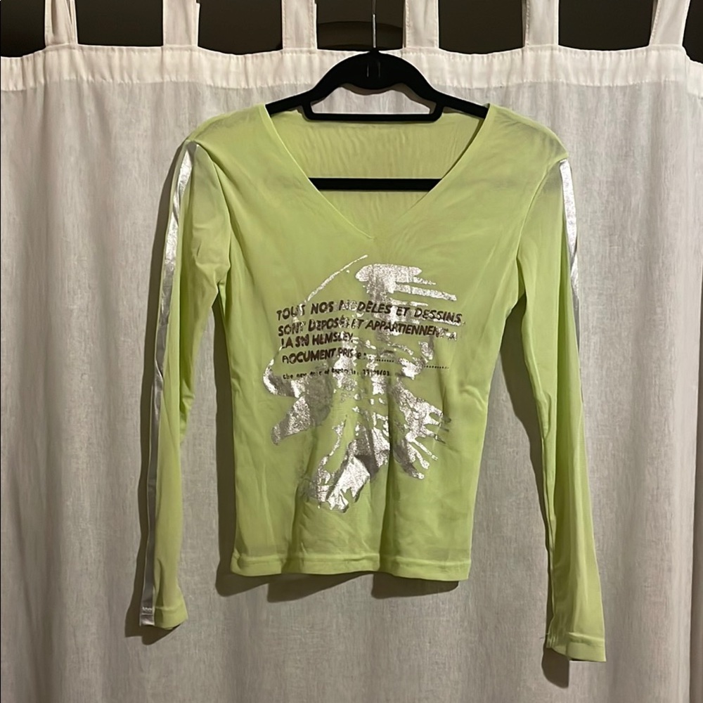 Lime Green mesh V-Neck top with silver graphic